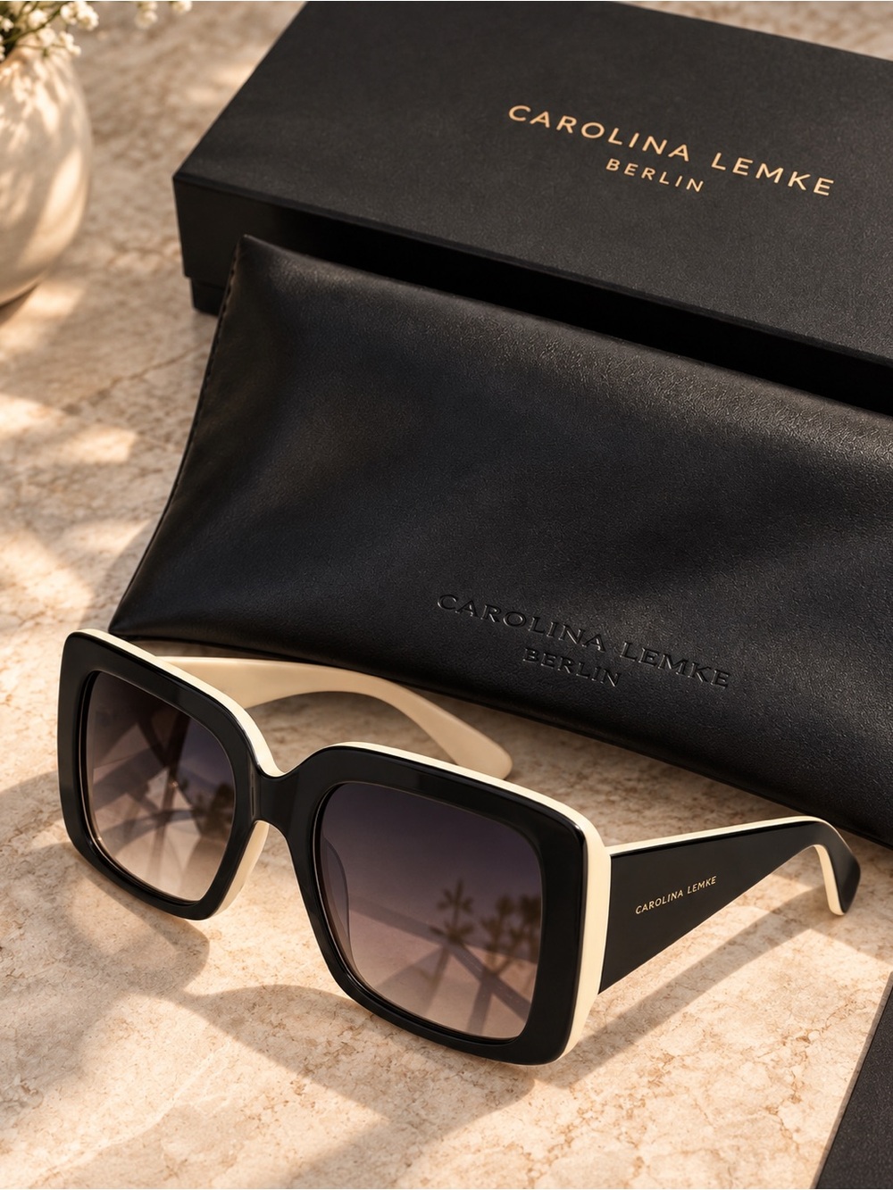 NWT Carolina Lemke Black and Cream Oversized Square Sunglasses w box and case